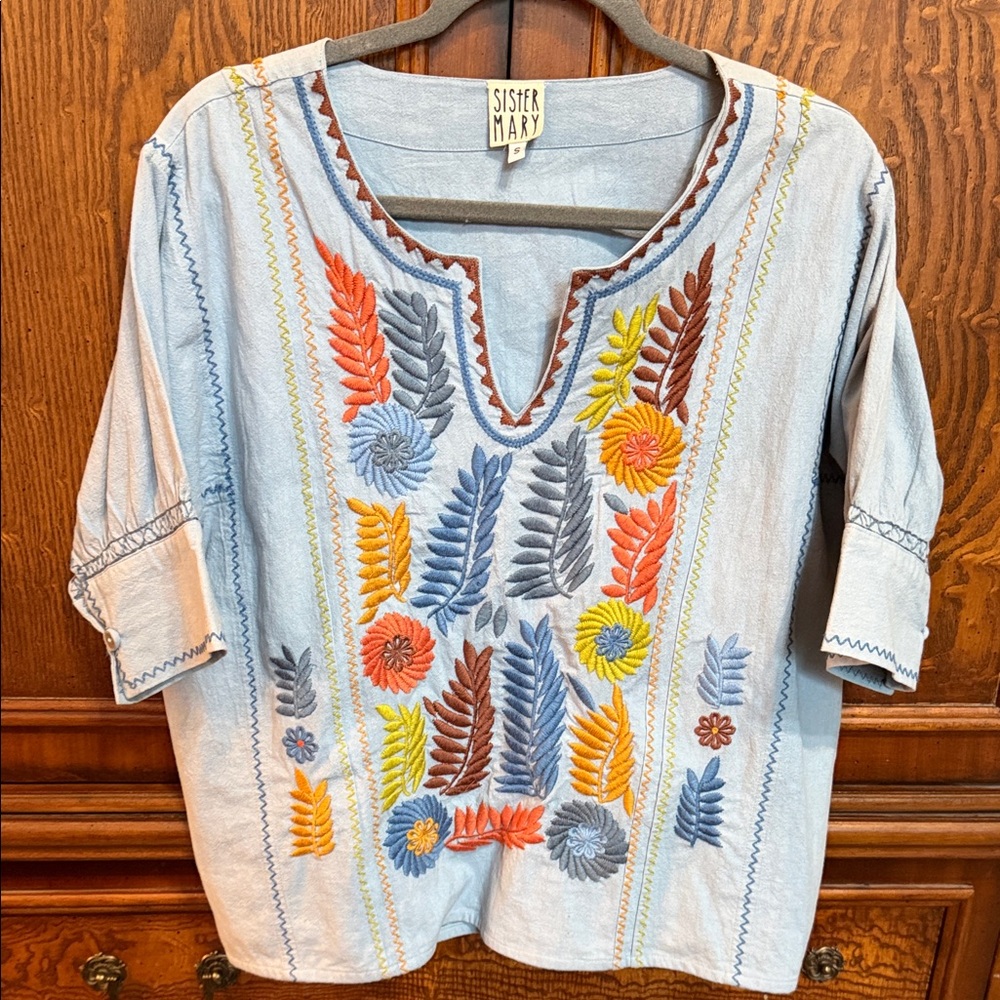 Sister Mary Embroidered Blue Top size small